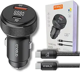 Carregador Veicular Turbo 60W Pro, Kit com Cabo USB-C. Duas portas USB 3.0 + USB-C, Led, Carregamento Rápido 9.1A Fast Charge Carro/Automotivo Compatível com IOS e Android – Premium