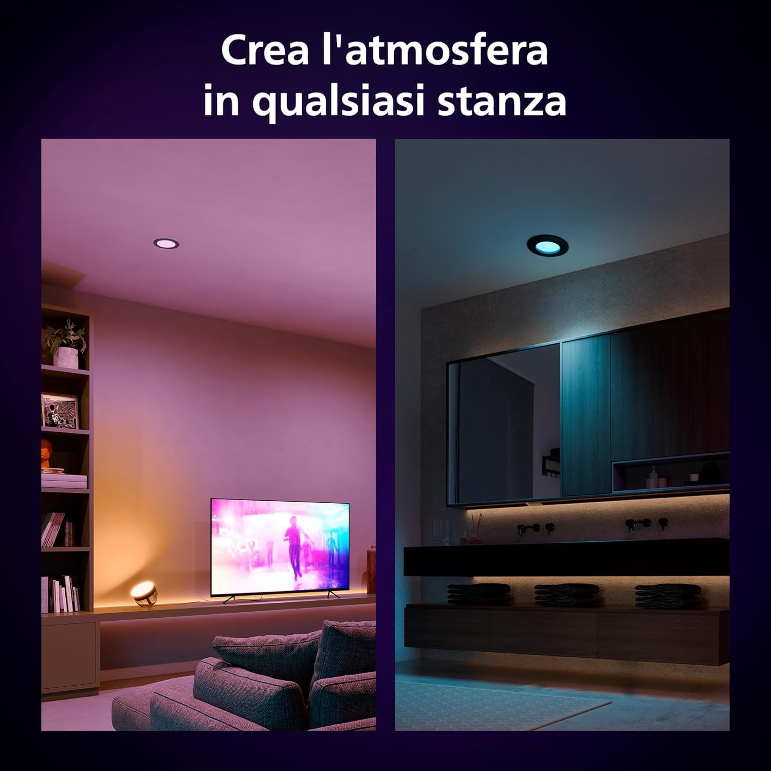Philips Hue Smart Slim White and Color Ambiance, Luce da incasso, 90 mm, 700 lm, Compatibile con Bluetooth, controllo vocale con Alexa, Apple Home e Google Assistant, bianco, confezione da 3