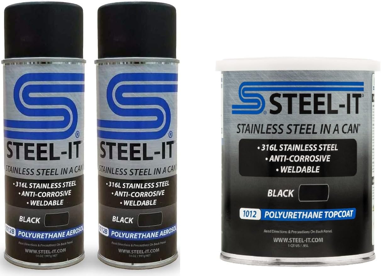 Steel-It 1012 Polyurethane Aerosol & Top Coat, Two Cans of Sprayable Industrial Paint Coating, One Quart of Brush on Top Coat, Both Offering Superior Anticorrosion, In Black
