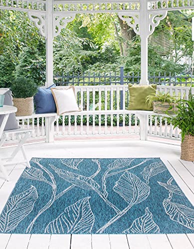 Unique Loom Outdoor Botanical Collection Area Rug - Leaf (6' 1" x 9' Rectangle, Teal/ Ivory) - Image 2