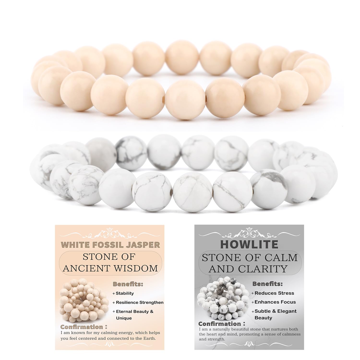 NCB Natural Crystal Gemstone Stretch Bracelets (8mm Howlite, White Fossil Jasper) | Handmade Reiki Healing Jewelry for Meditation, Yoga - main product image