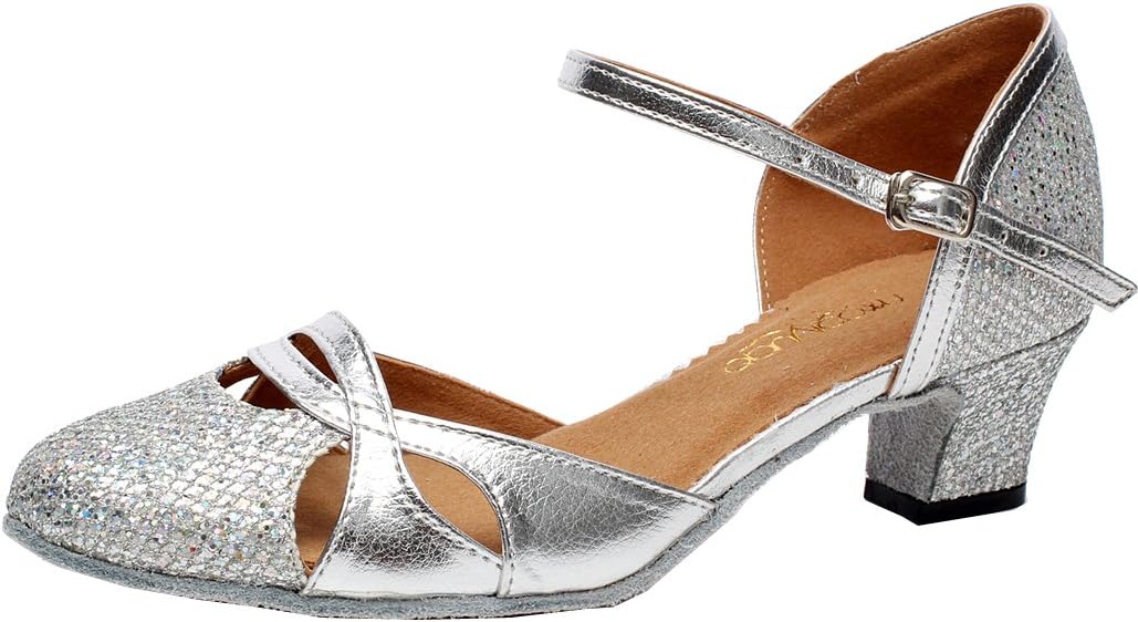 Abby AQ-7007 Womens Latin Tango Ballroom Party Wedding Block Heel Round-Toe PU Dance-Shoes Silver US Size9.5
