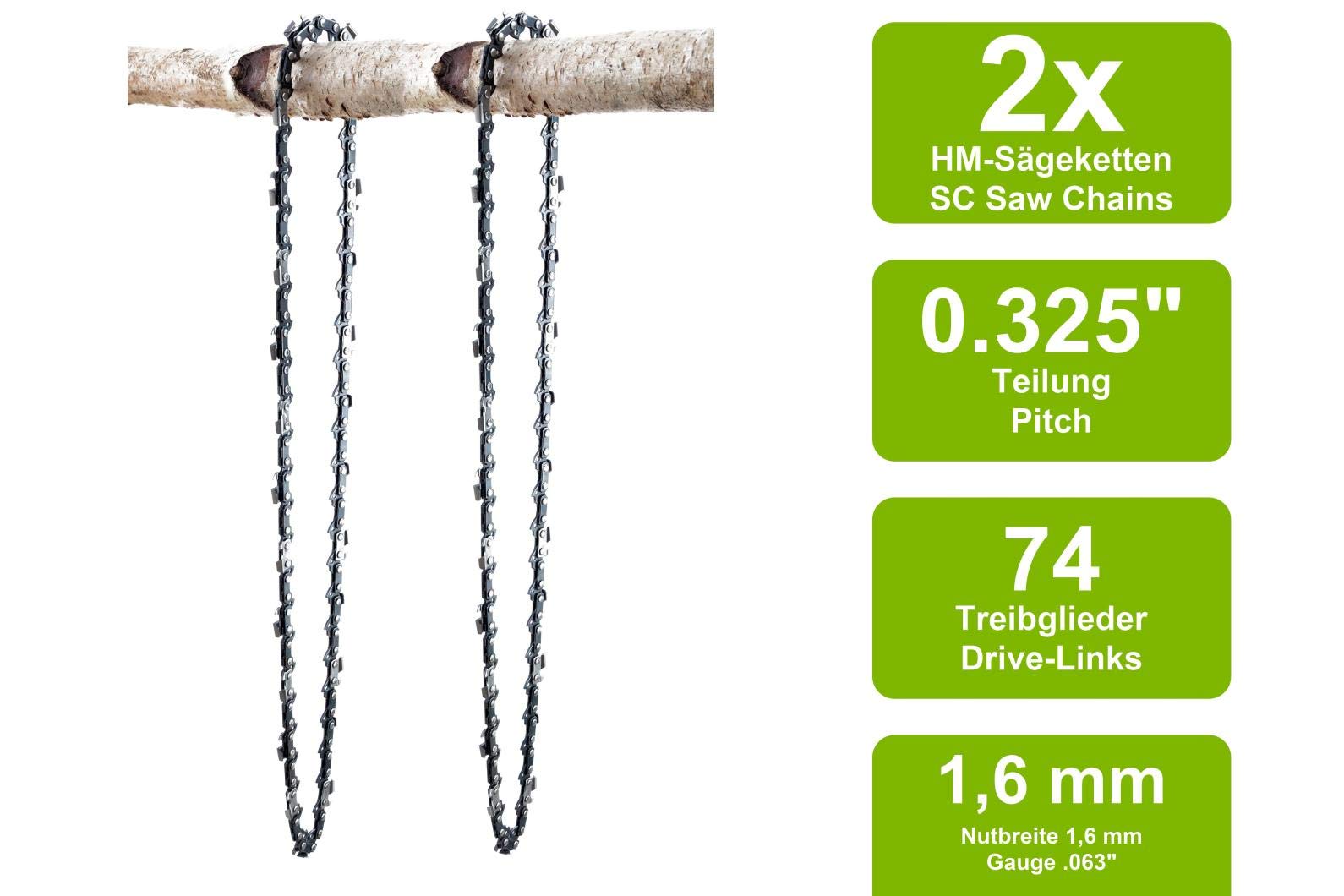 2 Chaînes + guide adapté pour Stihl 028 | 45cm 0.325 74M 1,6mm