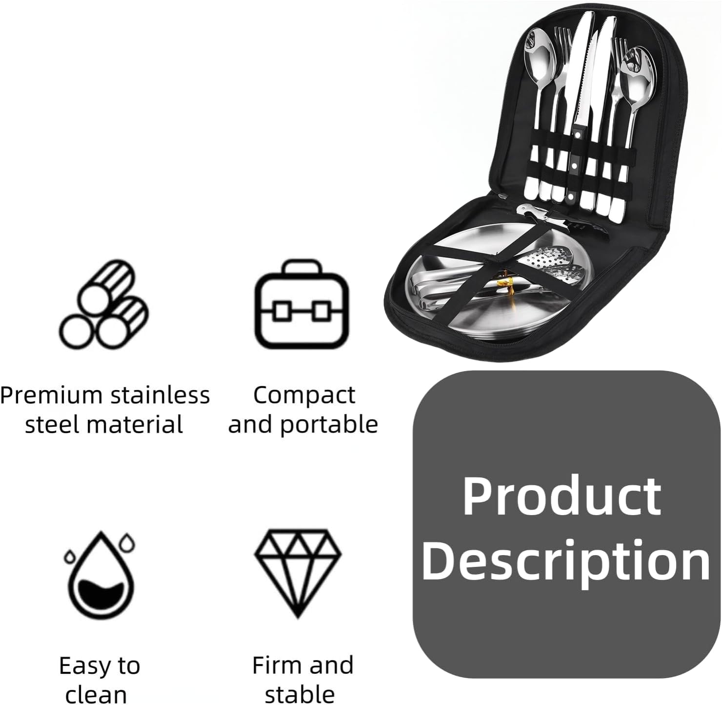 Set de vaisselle de camping pour 4 personnes, 20 pièces Set de couverts de camping portable, couverts de camping en acier inoxydable avec pochette à couverts, fourchettes, couteaux et cuillères, réuti