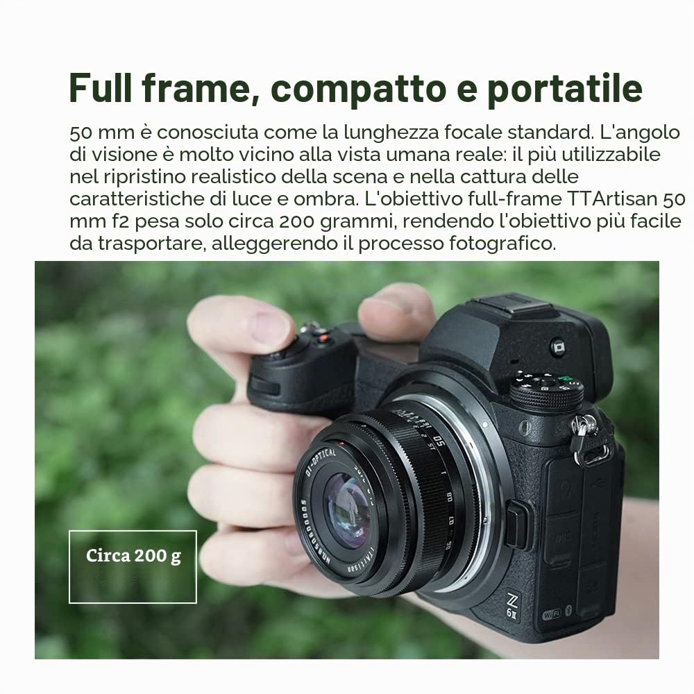 TTARTISAN 50 mm F2 Full Frame Manuale Obiettivo per fotocamera Design compatto Peso leggero Lunghezza focale standard per Sony E Mount