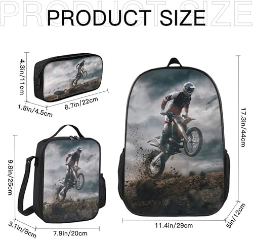 Miniatura 2 de KXZOYLM Mochila de motocross para niños, mochilas escolares de motocicleta, juego de 3 piezas, bolsa escolar con bolsa de almuerzo y estuche