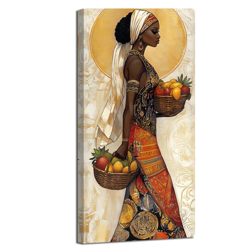 LMYSXAOZ African Women Wall Art Traditional Black Lady Canvas Painting Vintage Ethnic Tribe Portrait Picture Prints Framed (gold,40x80cm)