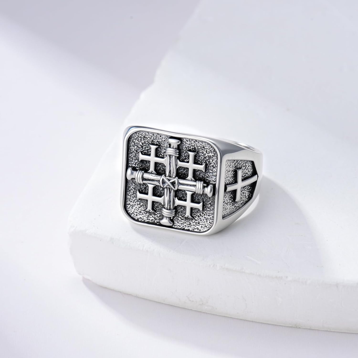 PROESS Jerusalem Cross Ring 925 Sterling Silver Nail Cross Ring Crusaders Jewelry for Women Men