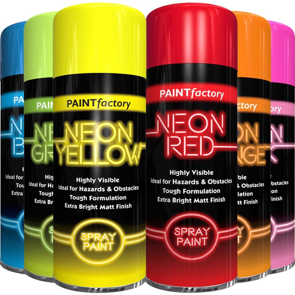 Alezyb Neon - 6 Cans 200Ml - 6 Mix Cans Fluorescent Neon Spray Paint Multipurpose Aerosol Diy Graffiti (Banksey) N0 Cfcs Extra Bright Assorted Colours Paint Blue Green Orange Pink Yellow Red 200Ml - A4