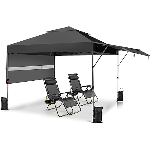 Tangkula 10x17.6 Ft Pop Up Canopy with Adjustable Dual Awnings, 2 Tier Outdoor Canopy Tent with 8 Stakes, 4 Ropes, 4 Sand Bags, Wheeled Bag, Easy Setup Instant Tent for Patio, Market, Picnic (Black)