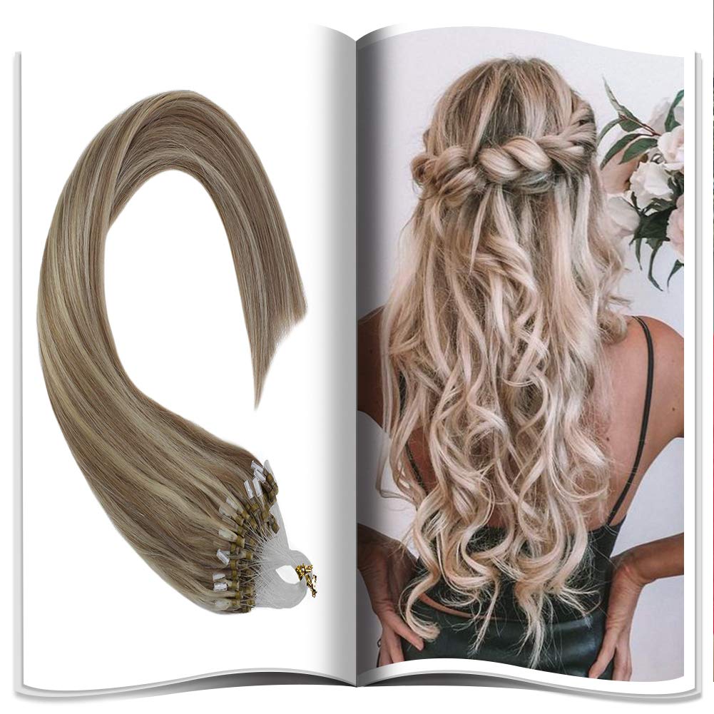 JoYoung Micro Loop Human Hair Extensions Blonde Hair Ash Blonde Highlight with Bleach Blonde Pre Bonded Human Hair Loop Hair Extensions Keratin Micro Ring Human Hair 22in 50g 50s