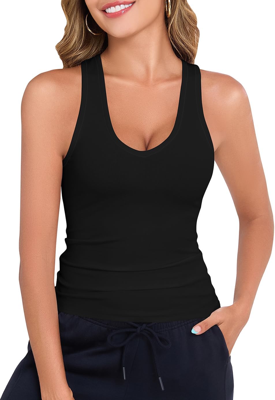 Smile Fish Women Deep V Neck Form Fitting Tank Top Sleeveless Summer Slim Cami Shirts