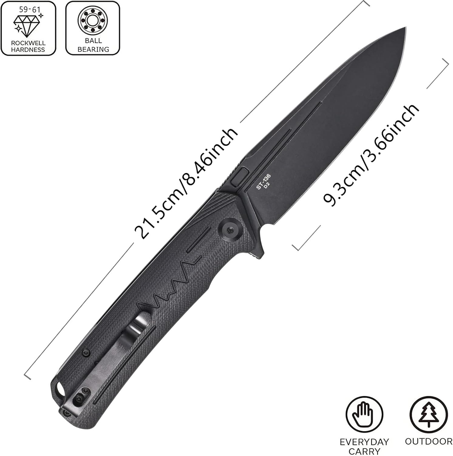 Sitivien ST136 Folding Knife,D2 Blade,G10 Handle EDC Tool Knife for Outdoor Hiking Camping(Black)
