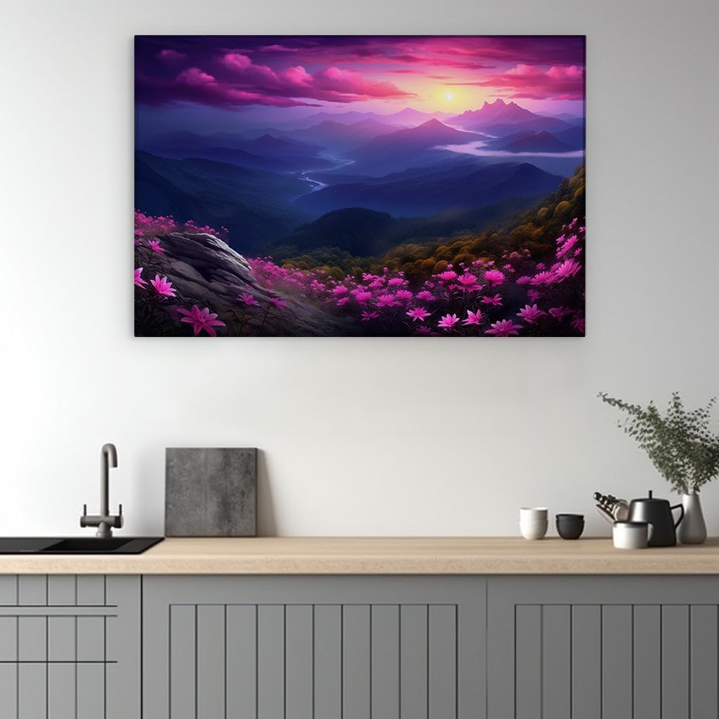 Canvas for Living room. Sunset Serenade Over a Meadow of Magenta - A Journey into Mountain Majesty, 27 x 18 inch Canvas Wall Art - Contemporary Masterpieces - Modern Home Decor