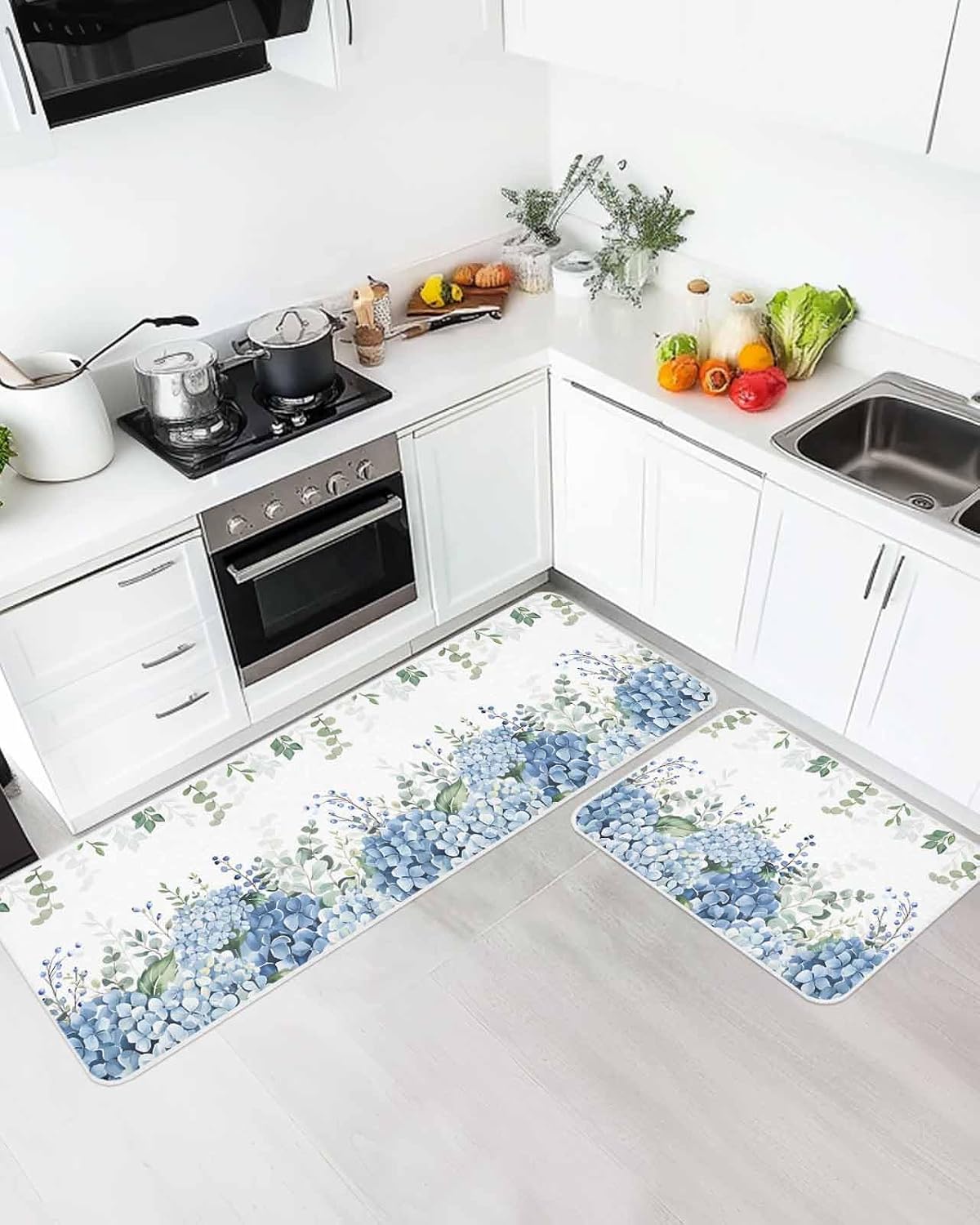 Green Eucalyptus Leaf Blue Hydrangea Kitchen Rug and Mat,Washable Floor Mats Standing Cushioned Set of 2,Blossom Floral Slip-Proof Doormat Runner Rugs for Indoor Bathroom Laundry Sink