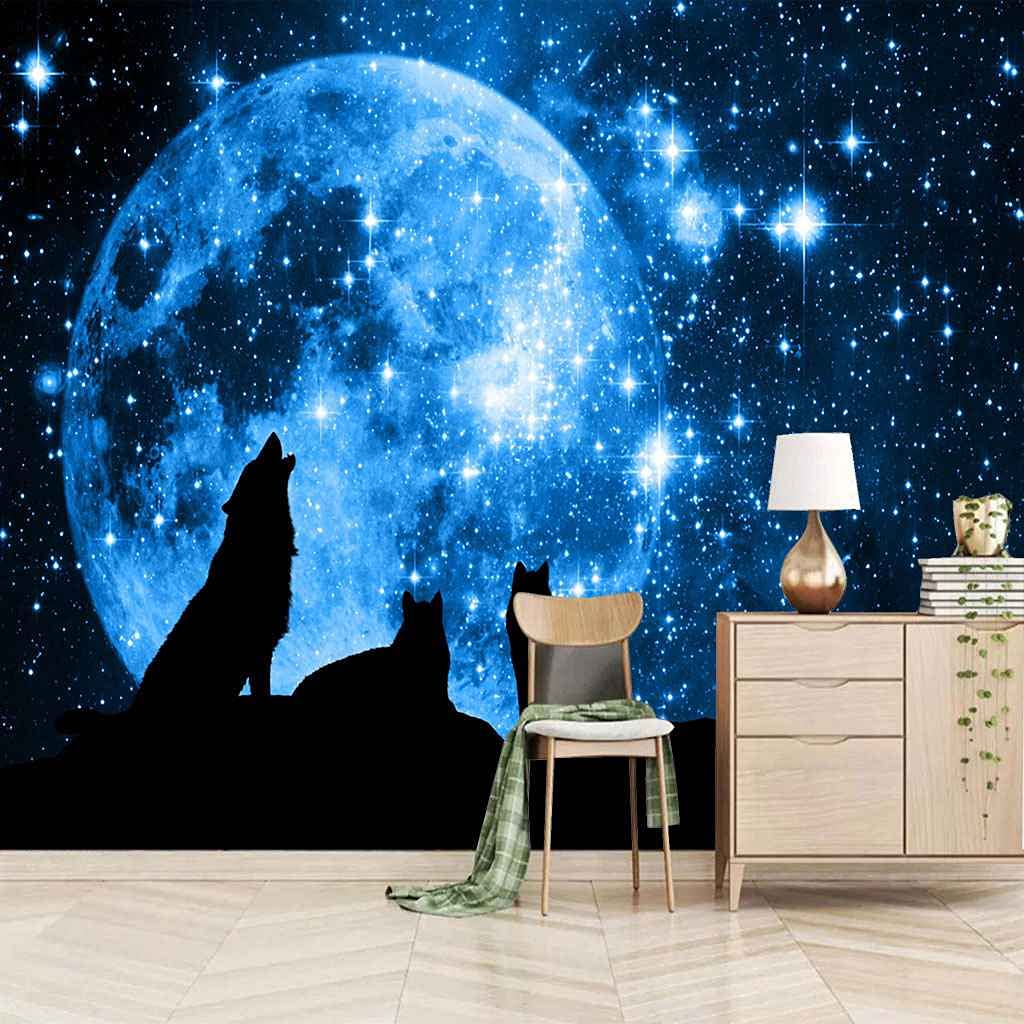 Poster géant mural loup ciel étoilé pour décoration chambre et salon