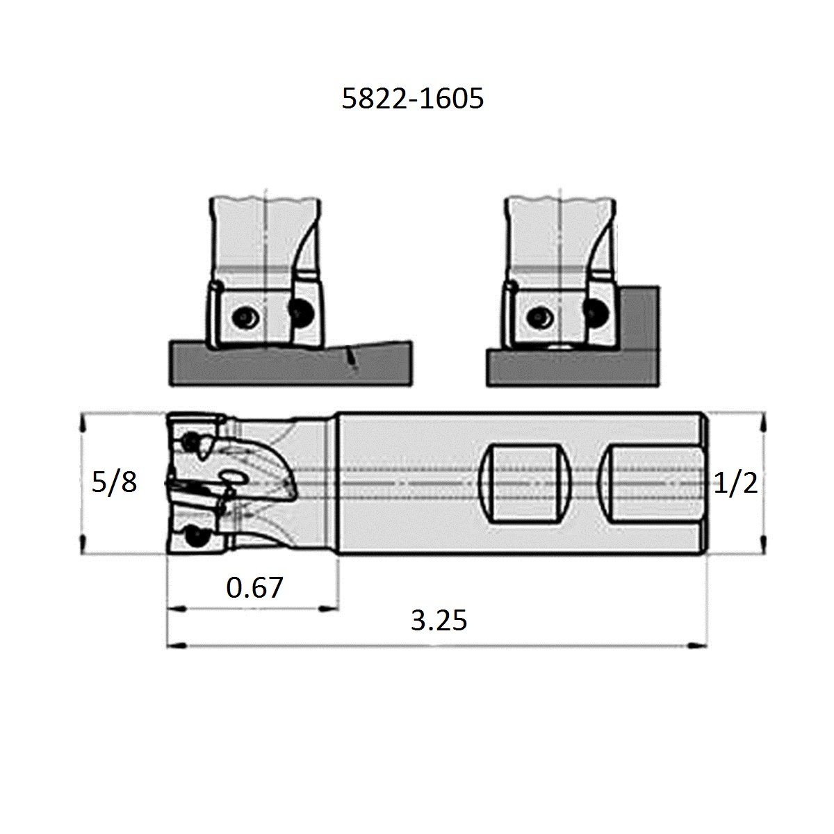 HHIP 5822-1605 Square Shoulder Coolant-Thru Indexable End Mill, 5/8" Cutter Diameter, 1/2" Shank, 2 Flute, 0.67" Flute Length, 3.25" OAL, 5/8" Cutter Diameter