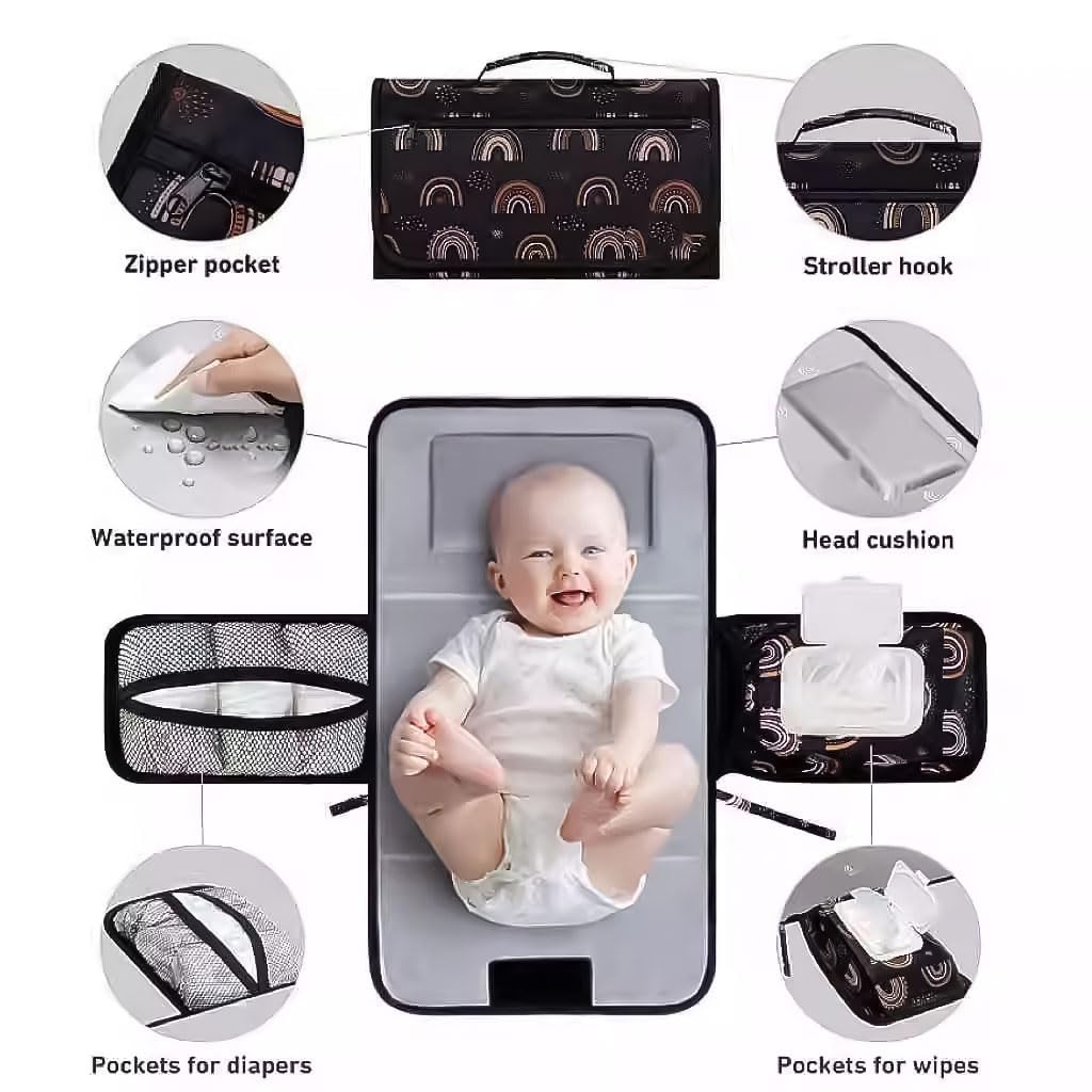 Portable Diaper Changing Pad,Expandable Baby Changing Mat, Compact Diaper Changer Travel Bag with Wipes Pockets, Water Resistance Infant Travel Station Kit with 2 Burp Cloths (Black)