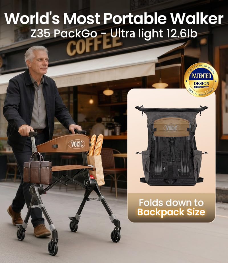 Image of VOCIC Lightweight Walkers for Seniors, Z35 Packgo Rollator, 12 lbs, Portable&Foldable Rollator Walker with Seat for Easy Travel, 300lb, with Dual X-Bridge Stability, Backpack Included, 3-Year Support