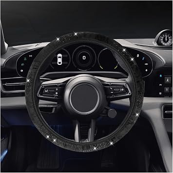 Bling Car Steering Wheel Cover, 15" Crystal Rhinestone Anti-Slip Auto Steering Wheel Protector, Soft Breathable Vehicle Interior Decorative Protector Accessories for Most CarsBlack