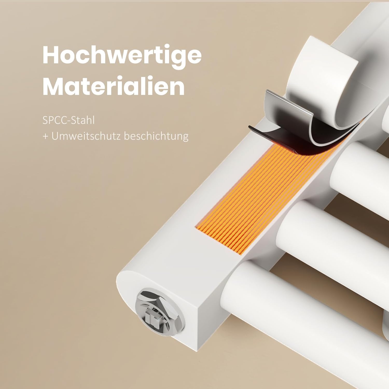 Cutaway diagram illustrating the high-quality SPCC steel material and environmental protection coating used in the radiator's construction.