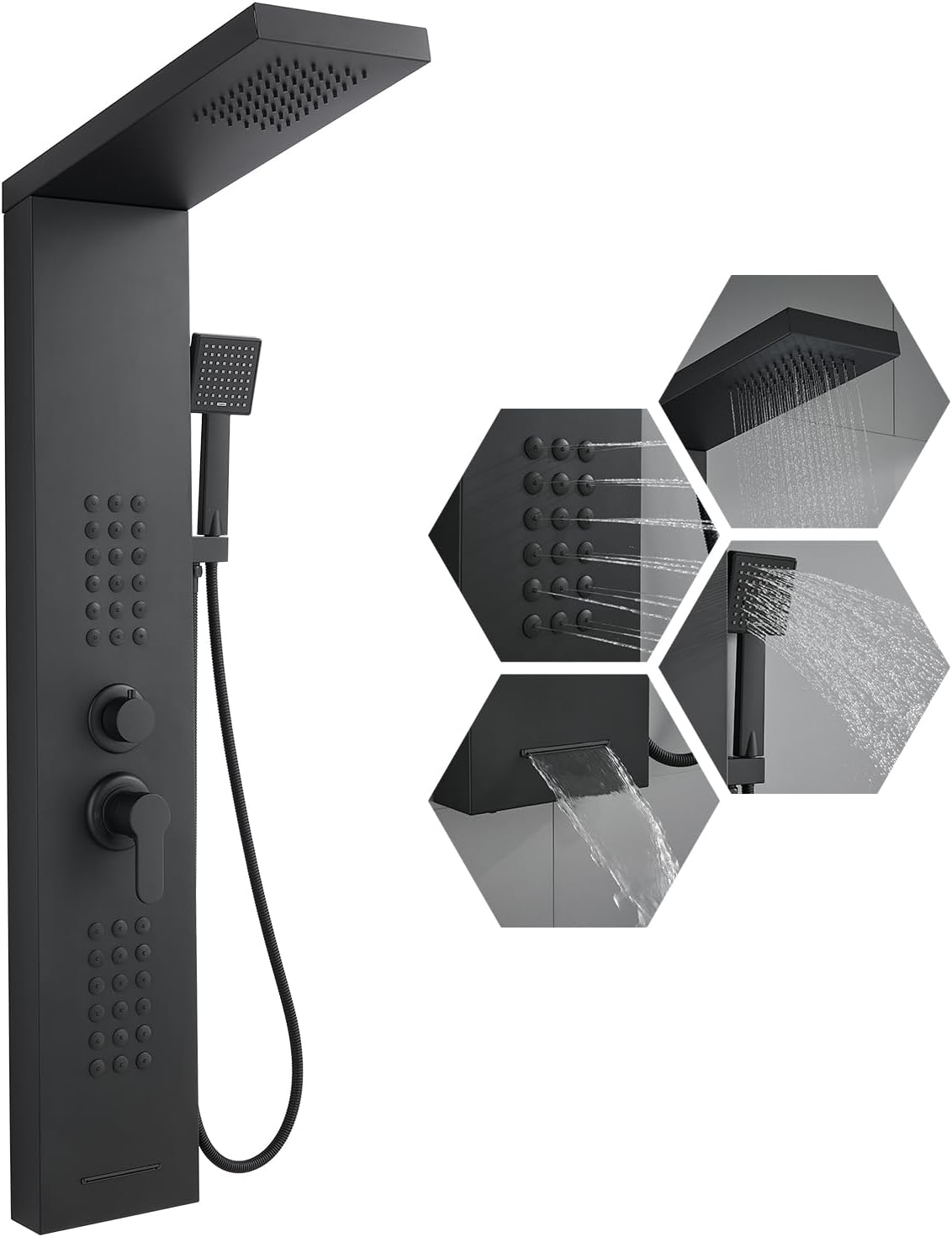 Shower Panel Tower System with Rainfall Shower Head, Powerful Body Jets, Matte Black Shower Tower with Handheld Shower and Tub Spout, Stainless Steel Shower Column High Pressure