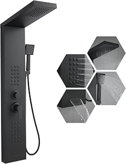KINKIB Matte Black 4-in-1 Shower Panel Tower: Rainfall Head, Powerful Body Jets, Handheld & Tub Spout - Stainless Steel High Pressure System