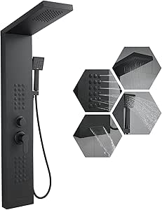 4-in-1 Matte Black Shower Panel Tower System with Rainfall Head, Body Jets, Handheld Shower, and Tub Spout