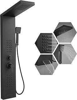 Shower Panel Tower System with Rainfall Shower Head, Powerful Body Jets, Matte Black Shower Tower with Handheld Shower and Tub Spout, Stainless Steel Shower Column High Pressure