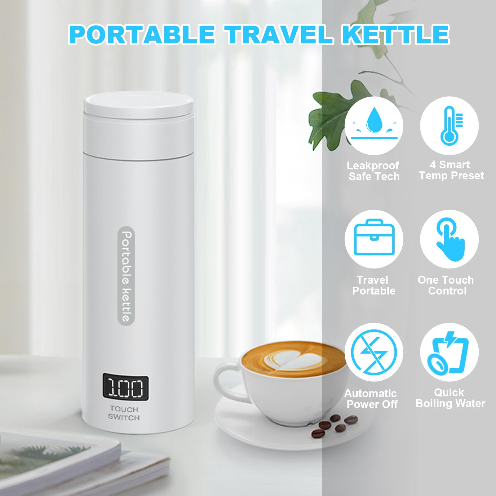 Flintronic 380 ml draagbare elektrische waterkoker, 3-in-1 mini-waterkoker, verwarmde reisbeker, roestvrijstalen waterkoker voor thee, melk, koffie (wit