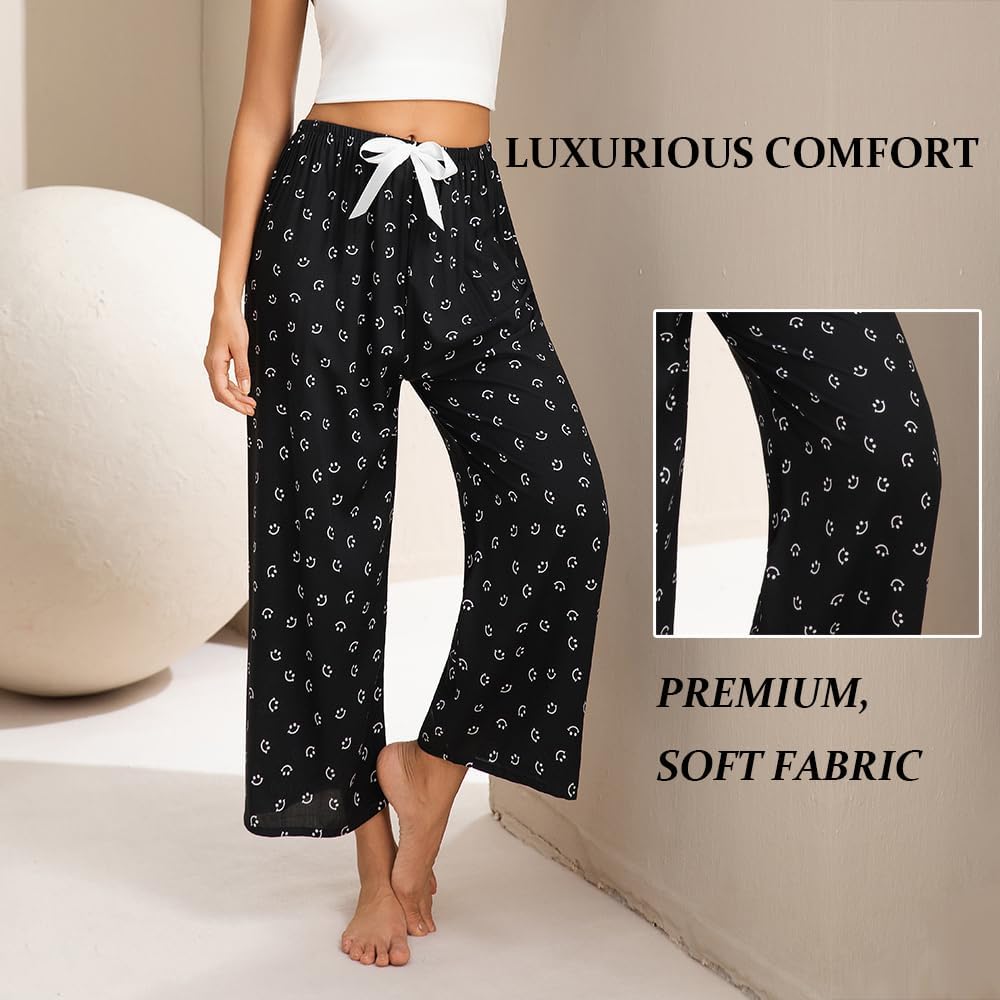 Women's Pajama Bottoms,Comfy Stretch Floral Print Drawstring Palazzo Wide Leg Lounge Pants,2 Pack Women Pajama Pants - Image 4
