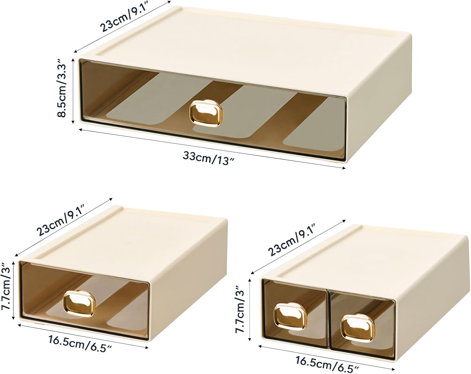 Stackable Desk Organizer with Drawer 13'' Wide Large Desktop Storage Drawer Organizer Clear Plastic Organizer Drawer for Office,Stationery,Cosmetics,Accessories (1 PACK,L-1 Drawer,Cream White)