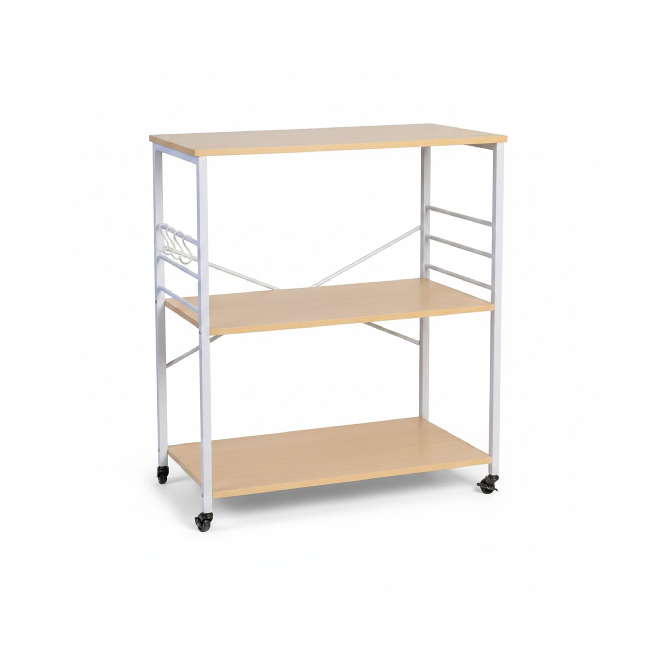 Relaxdays Carrello da Cucina, 3 Ripiani, 6 Ganci S, HxLxP: 89x80x40 cm, MDF & Acciaio, Naturale/Bianco