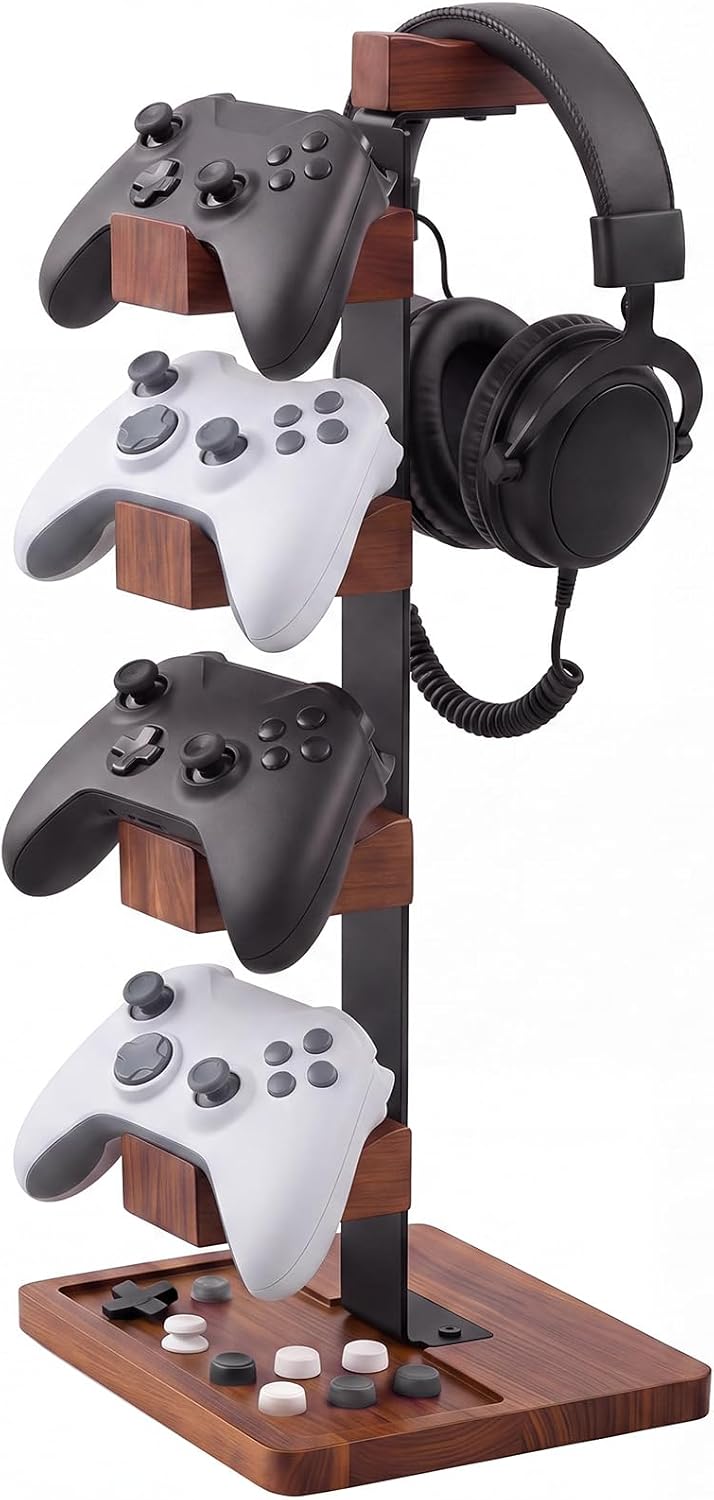 Foilswirl Wood Gaming Controller Stand for 4 Controllers and 1 Headset | Metal Frame, Vertical Display, Space Saving, Walnut Finish, Gaming Room Decor, Desk Organizer Accessories, Gift Idea