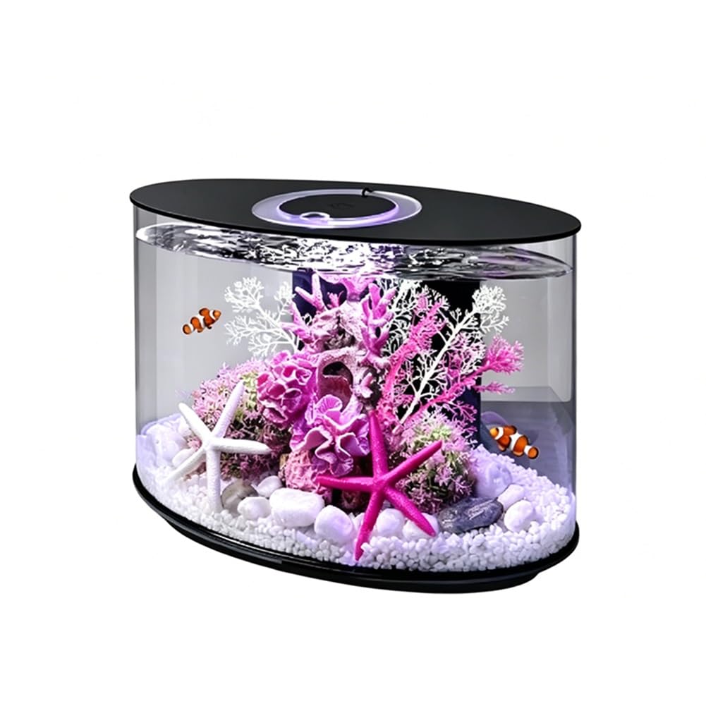 GZHERVICES Aquarium ovale de bureau au design moderne, lumière LED de 3 couleurs avec télécommande, filtration silencieuse et aquarium en acrylique transparent (Multi-colored-B)
