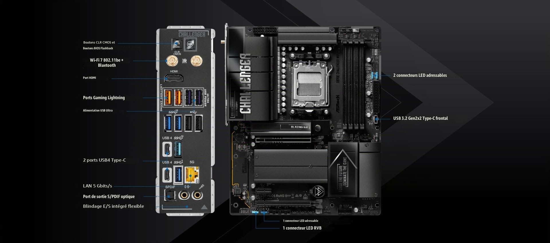 ASRock Carte mère X870E Challenger WiFi ATX, Prend en Charge AMD Ryzen 9000/8000/7000 Series, DDR5 8200+ (OC), PCIe 5.0, Dual USB4, Wi-FI 7, 5G LAN, 20+2+1 Phase 110A SPS