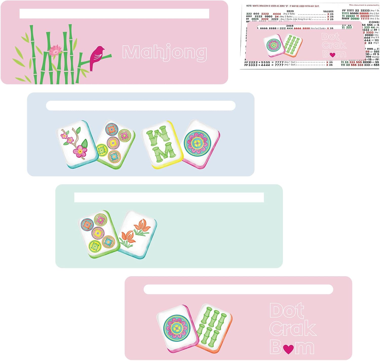 Faccito 4 Pcs Mahjong Card Guide and Line Finder for Strategy Tool for Beginners, for Travel, Parties, Competitions, Game Nights(7.48 x 2.76 Inches,Cute,Light Color)