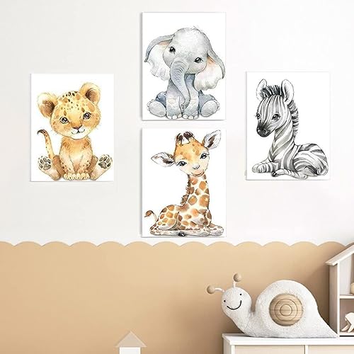 Miniatura 3 de Arte de pared de animales del bosque, impresiones en lienzo enmarcado, acuarela, cebra, leño, tigre, elefante, dibujos animados, decoración para
