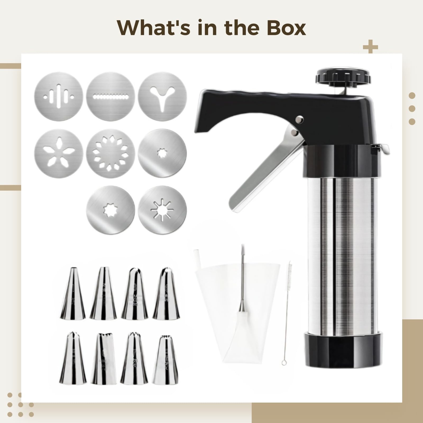 Ensemble de machine à biscuits en acier inoxydable avec 8 disques décoratifs et 8 embouts à douille, comprend une poche à douille et une brosse de nettoyage, idéal pour les pâtisseries et les