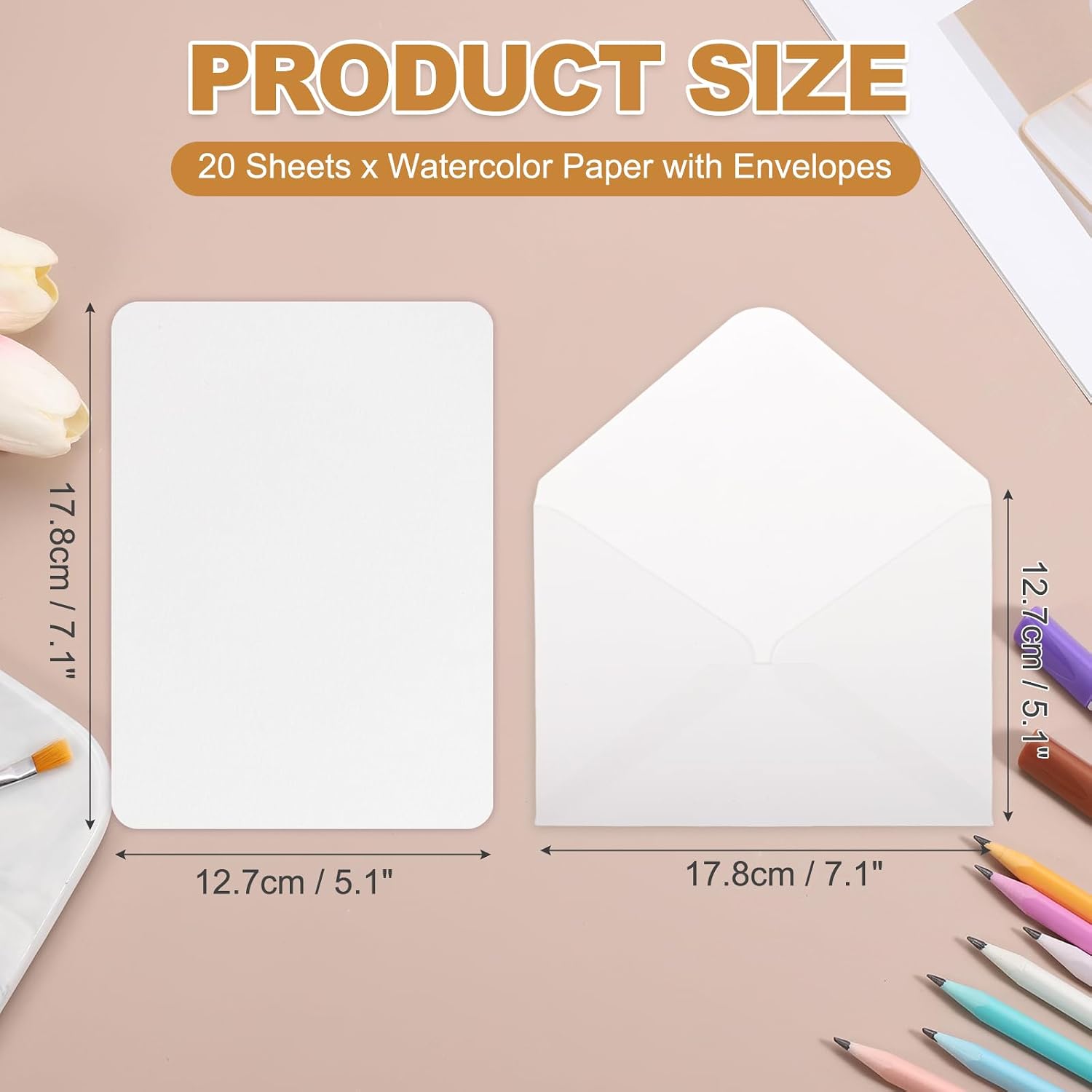 MECCANIXITY 40 Set Watercolor Paper with Envelopes 7 x 5 Inch 140lb/300gsm Artist Painting Drawing Paper Cold Press Water Color Sheet with Red Case for Sketchbook Journal (Round Corner)