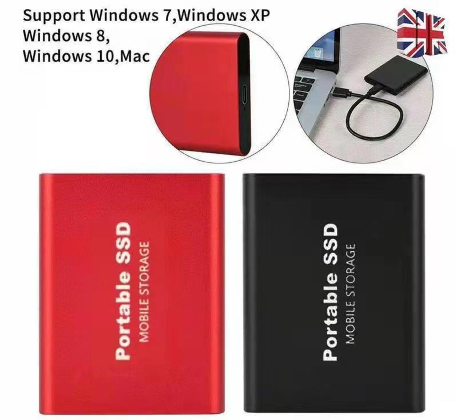 Generico Draagbare SSD – 1050 MB/s, Extreem Dun, Schokbestendig, Voor PC, Mac, Android, IPhone, IPad – Capaciteit Tot 128 TB (Zwart)