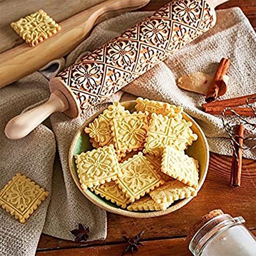 Wooden Embossed Rolling Pin For Baking Engraved Embossing Rolling Pin Cookie Stamps Roller Square Grid Cookies Mold Kitchen Decor Tools For Baking Embossed Cookies(2Pc) #TOP5