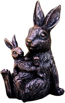 Darthome Bronze Rabbit & Baby Garden Ornament 14x26x11cm Resin Medium Hare Animal Outdoor Sculpture