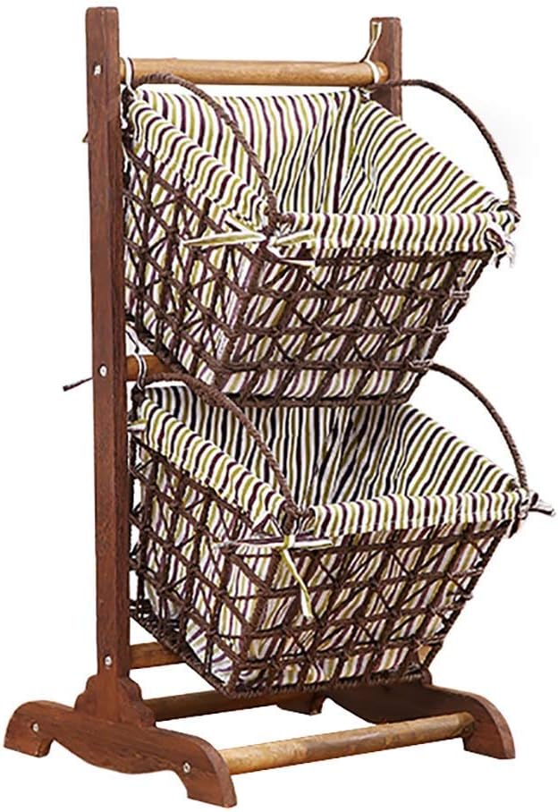 Storage Basket Shelf Baskets Brown 2/3 Layer Wooden, Rattan Fabric Display Stand for Bedroom, Floor Standing Rack / 2 Tier