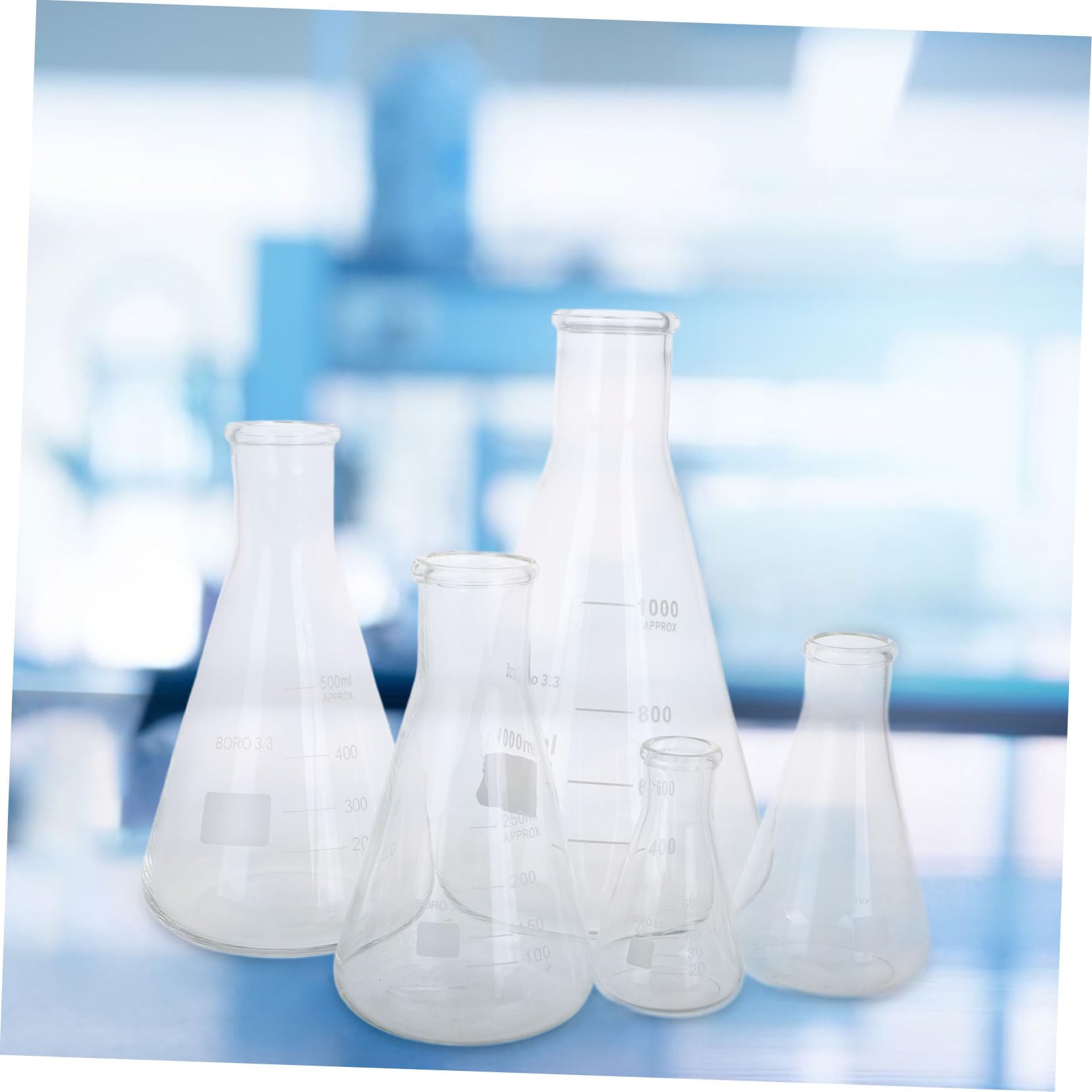 Matraces Erlenmeyer de Vidrio de Borosilicato Juego de 5 Resistencia Alta Temperatura Capacidad de 50ml a 1l y Vertido Fácil para Laboratorio Químico