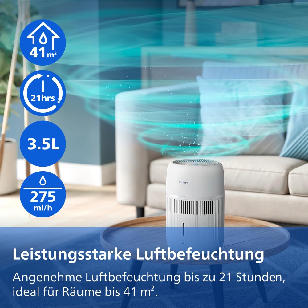 Philips Verdunstungs-Luftbefeuchter Serie 4000, 3,5 L Wassertank, 275 ml/h, bis 41 m², Weiß