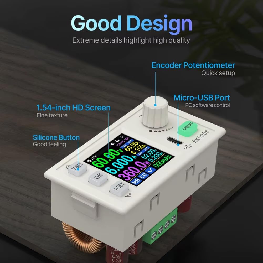 Breeshy RK6006-BT Régulateur de Tension CC Réglable à Affichage Numérique 60 V Interface Micro-USB 6 A Écran LCD 1,54 Pouces