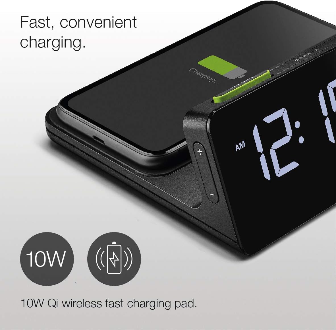 Braun Digital Alarm Clock with VA LCD Display, 10W Qi Wireless Fast-Charging Pad, Automatic Backlight Adjustment, Quick Set, Beep Alarm in Black, Model BC21B.