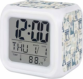 Vintage Art Alarm Clock with 7 Color Night Light, International Buildings Paris Towers Blue Grey Silent Digital Alarm Clocks with Snooze, Wake Up Digital Clock for Desk Bedroom, Temperature