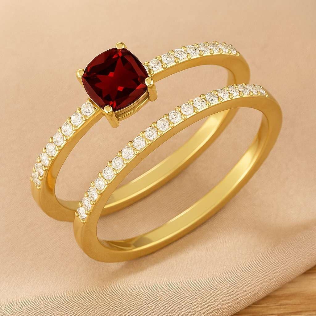 Ruby Gemstone Ring Set for Women in 14K Solid Gold or Sterling Silver | Diamond Accent Bridal Wedding Engagement Band | July Birthstone Jewelry Gift